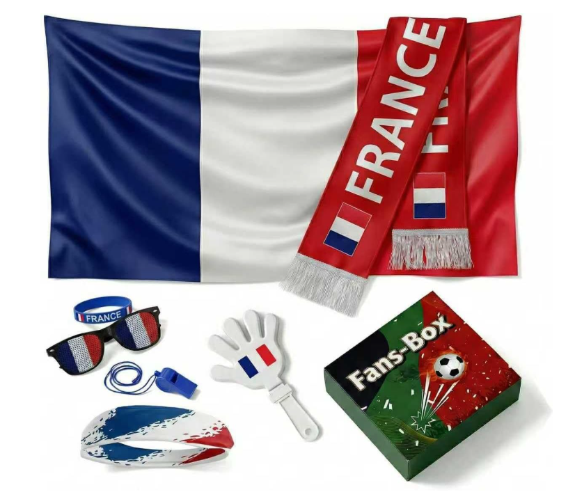France Soccer Fan Gear Set 2026-7 Piece Game Day Kit with Flag, Scarf, Glasses, Whistle, Clapper, Wristband & Headband in Gift Box